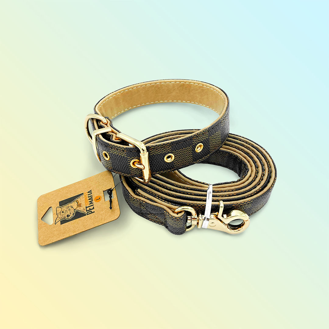 Dior - Dog Leash & Collar Set Leather PU - Beige - Pet Supply Mafia