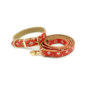 Red - Luxury Designer Monogram Empreinte Leather Dog Collar Leash Set